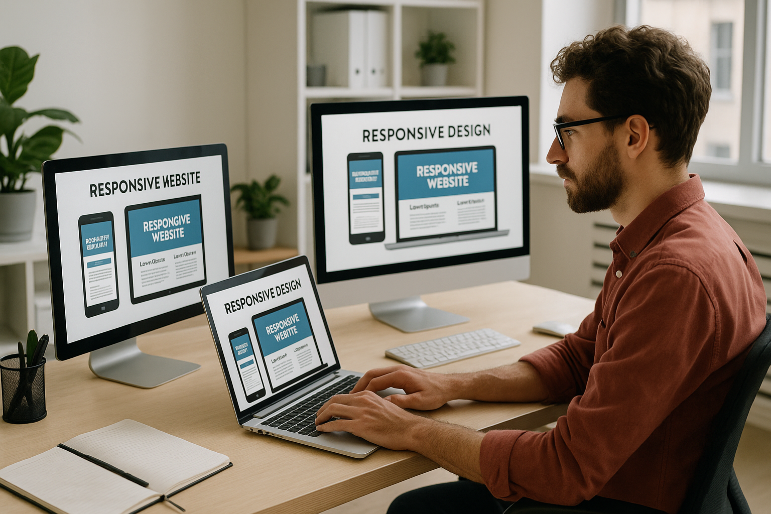 "A creative web developer working on a laptop, screens displaying responsive website designs, clean modern office setting"