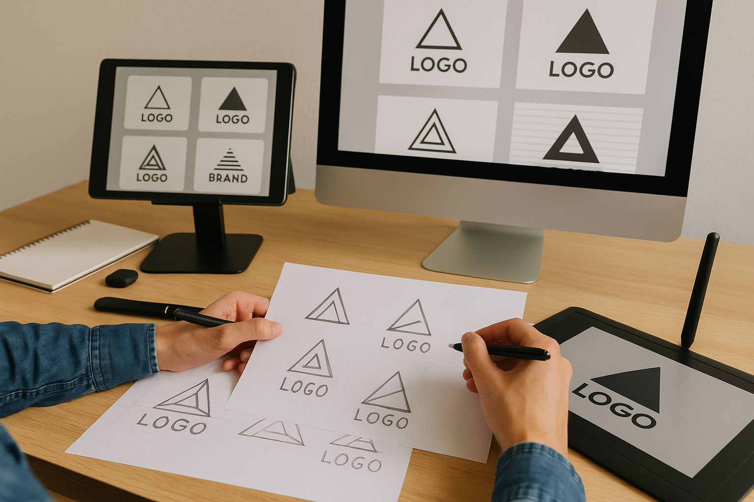 "A graphic designer sketching logo concepts on paper, digital design tablet, and computer screens with branding artwork"