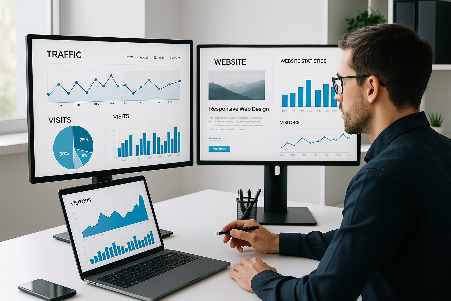 "A professional web designer analyzing a website on multiple screens, charts showing website performance, clean modern office environment"