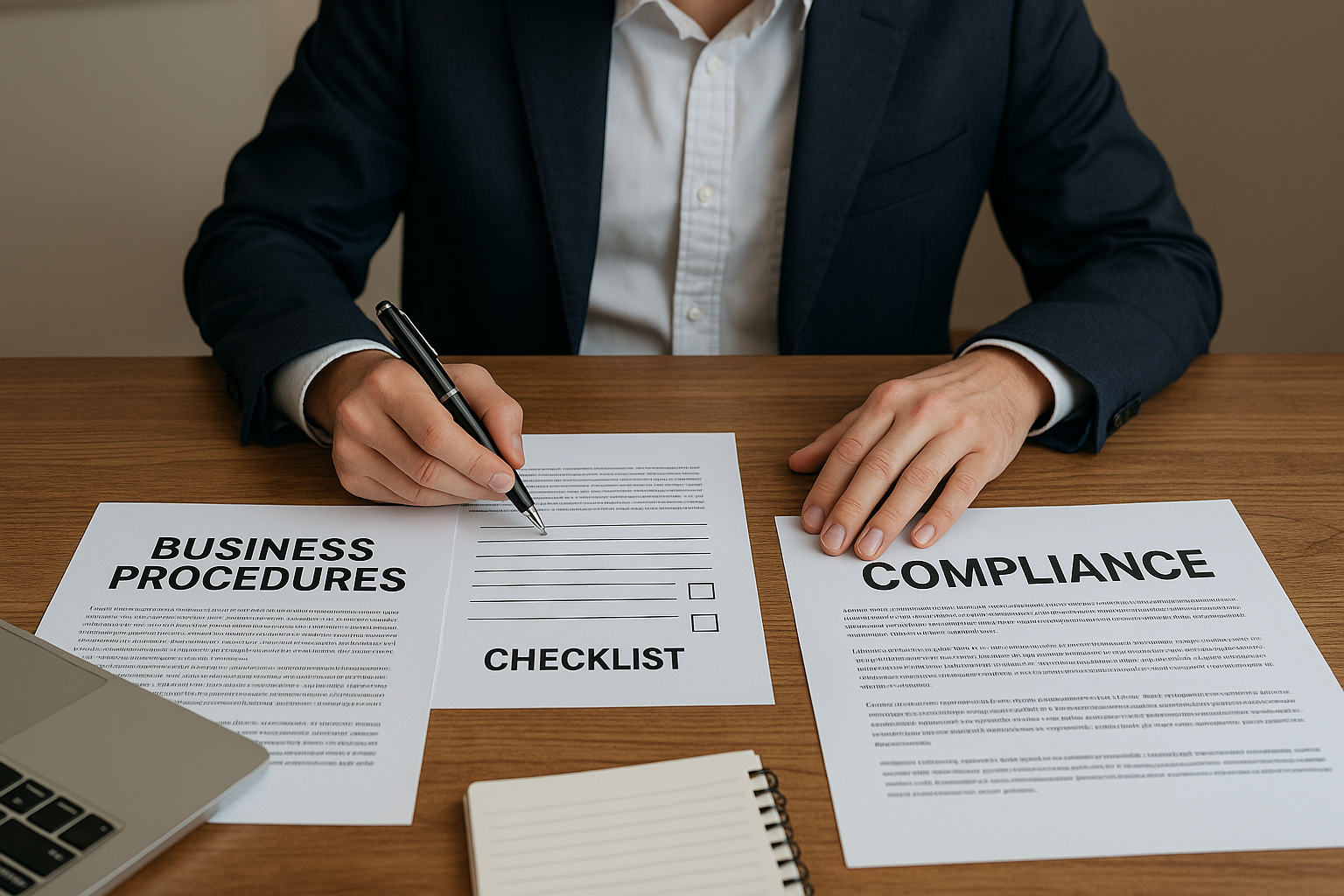 "Consultant developing business procedures, checklist and compliance documents on desk"