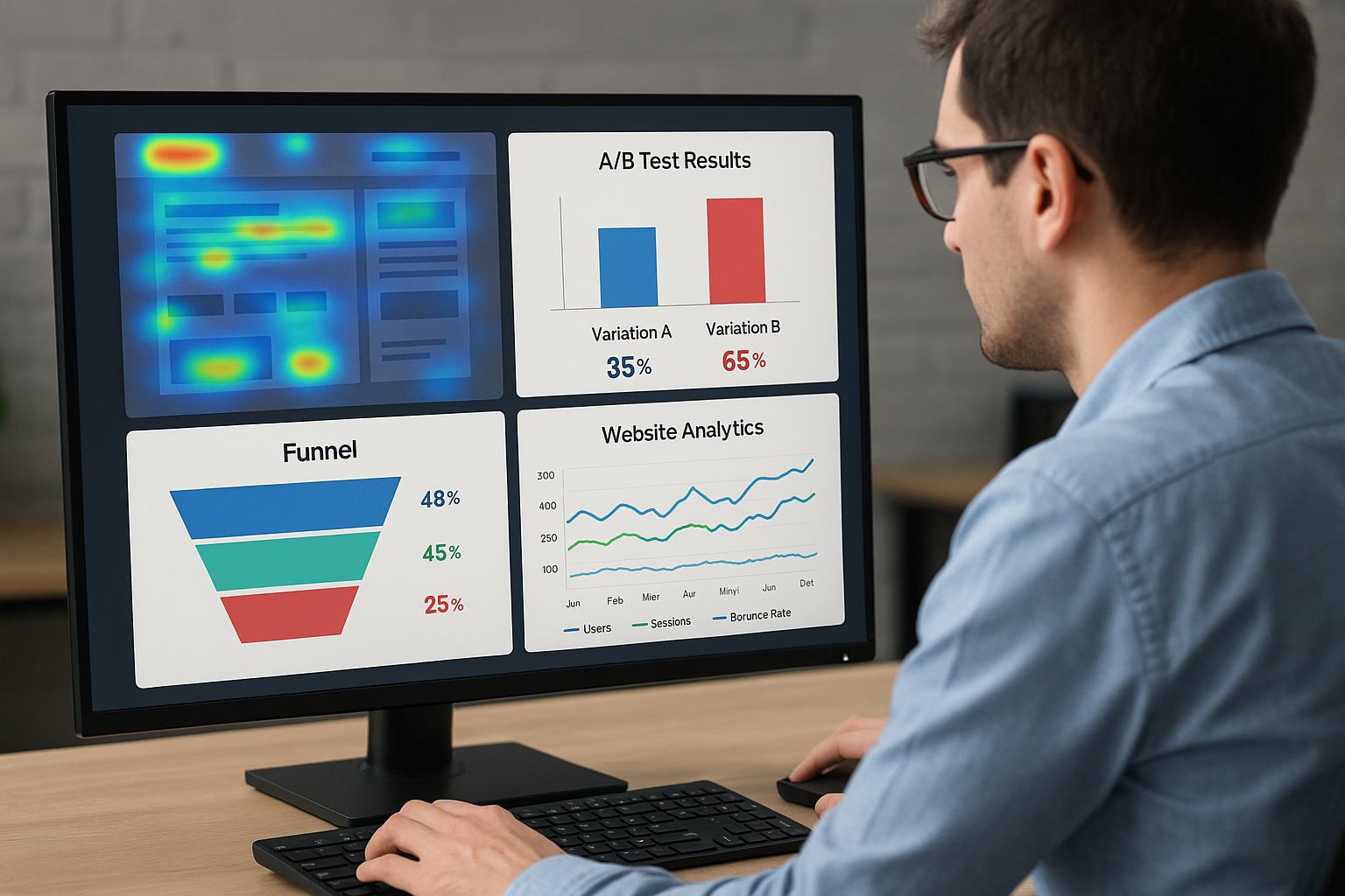 "Data analyst reviewing heatmaps and split test results on computer, visual funnel diagrams and website analytics"