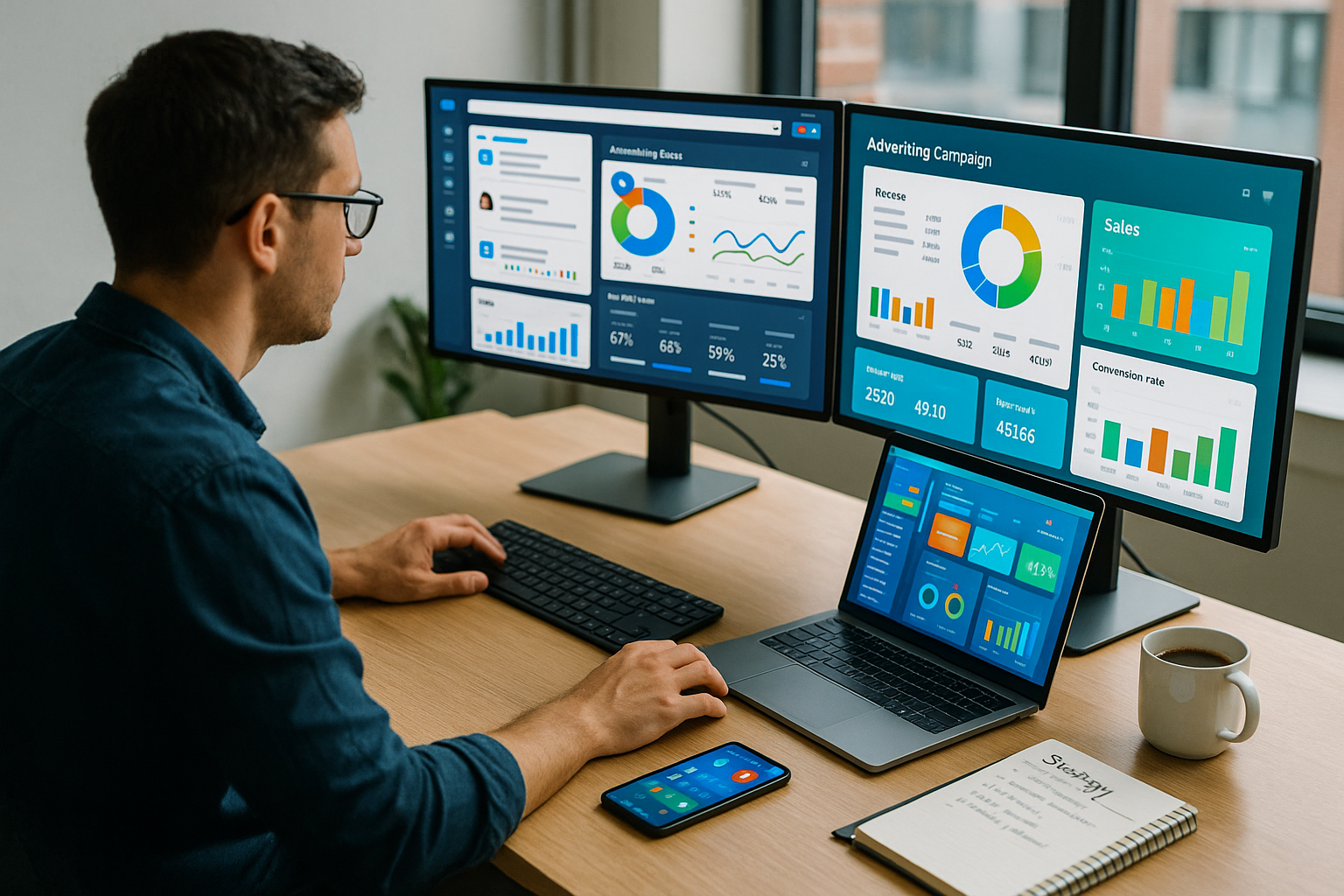 "Digital marketer managing multi-channel advertising campaigns, social media and ecommerce marketing dashboards"