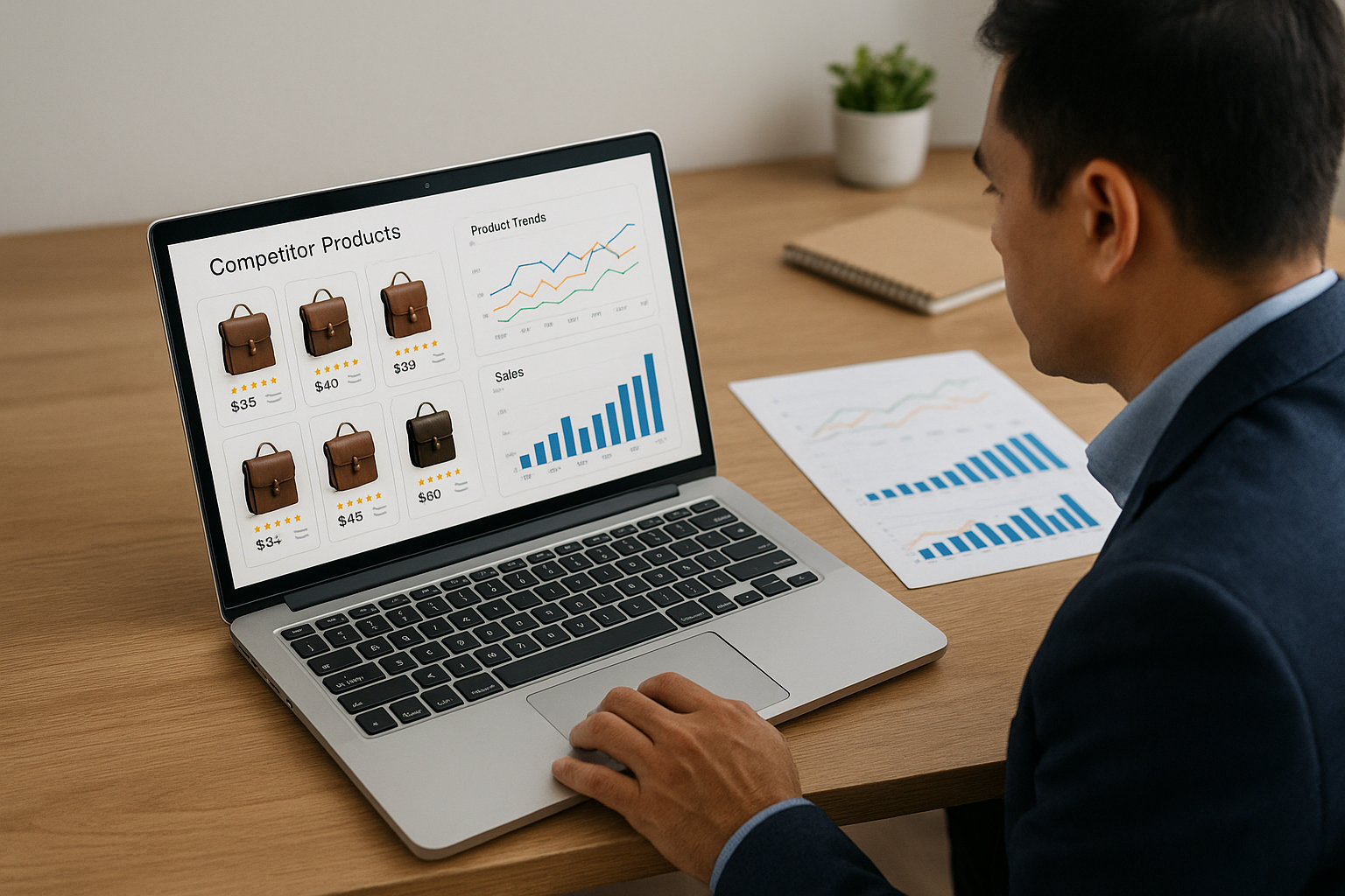 "E-commerce strategist reviewing competitor products and market data on laptop, charts with product trends and sales figures"