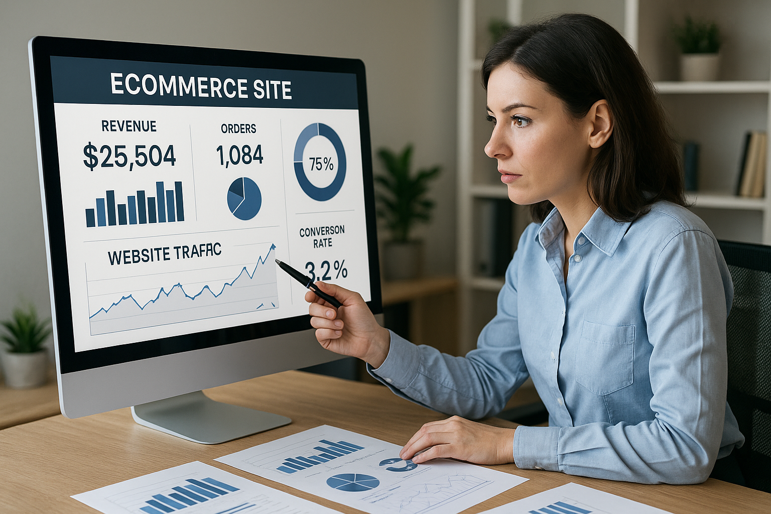 "female Analyst auditing webshop performance with graphs and charts, digital metrics dashboard for ecommerce site"