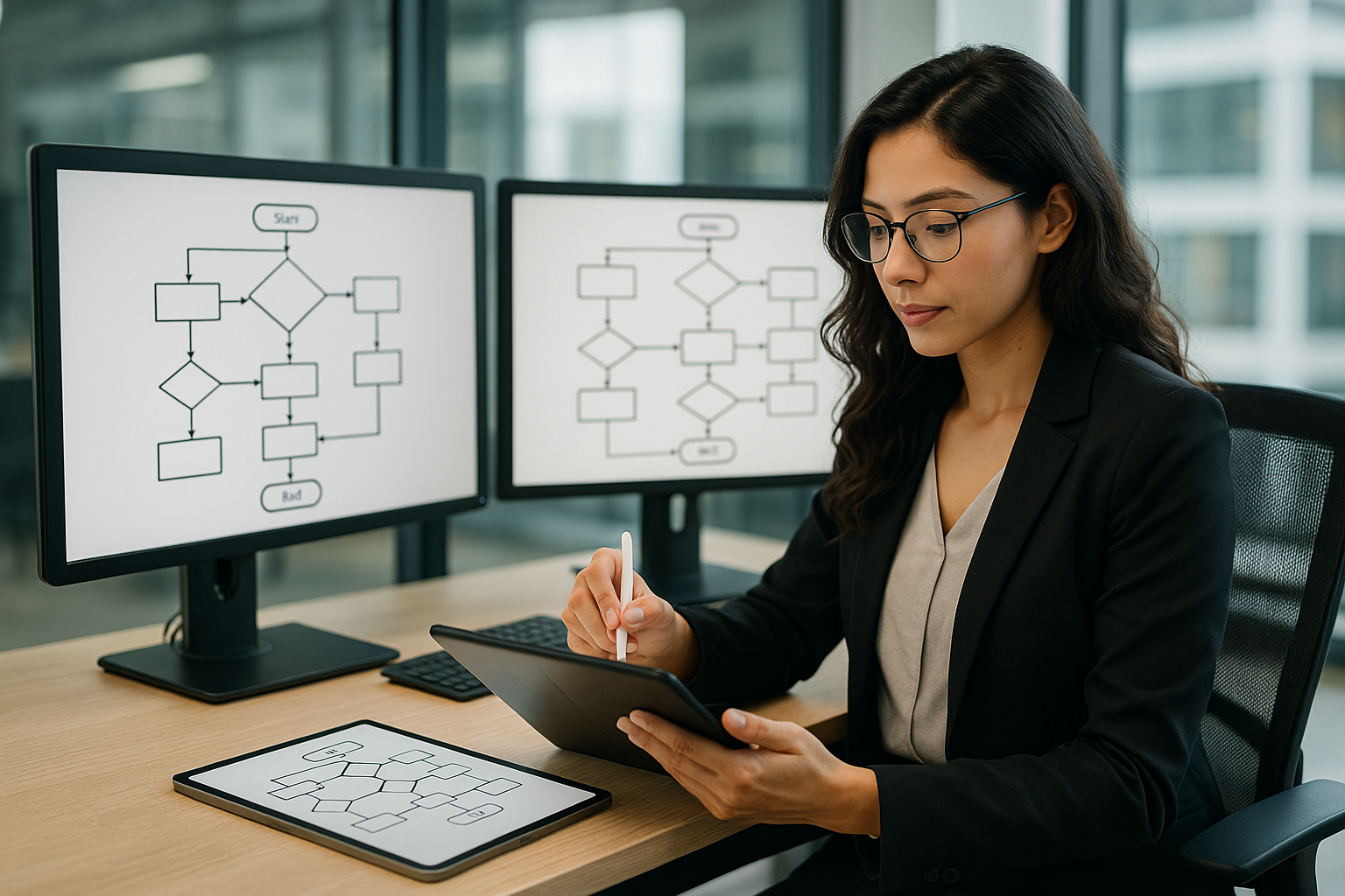 "female Business analyst mapping automated workflows on digital tablet, flowcharts on computer screens, modern office"