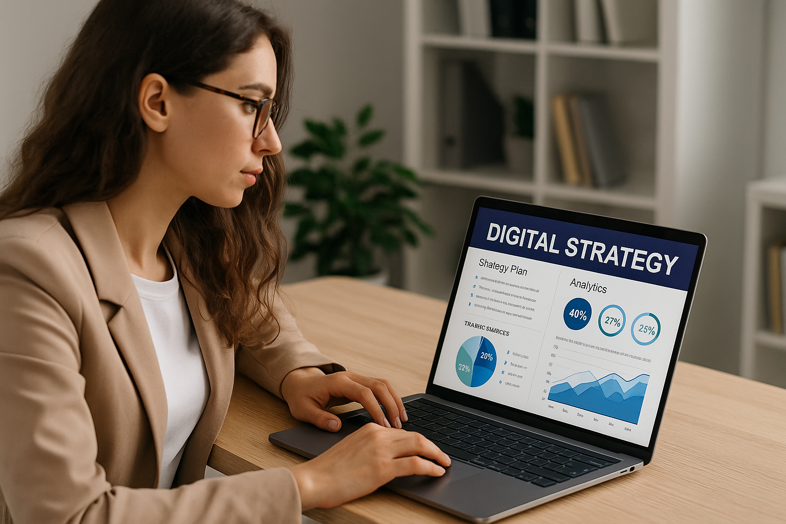 "female Marketing strategist creating digital strategy plan, charts and analytics on laptop screen"