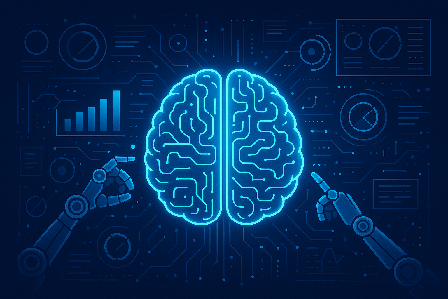 "Futuristic AI concept with digital brain, robotic arms interacting with data, technology innovation"