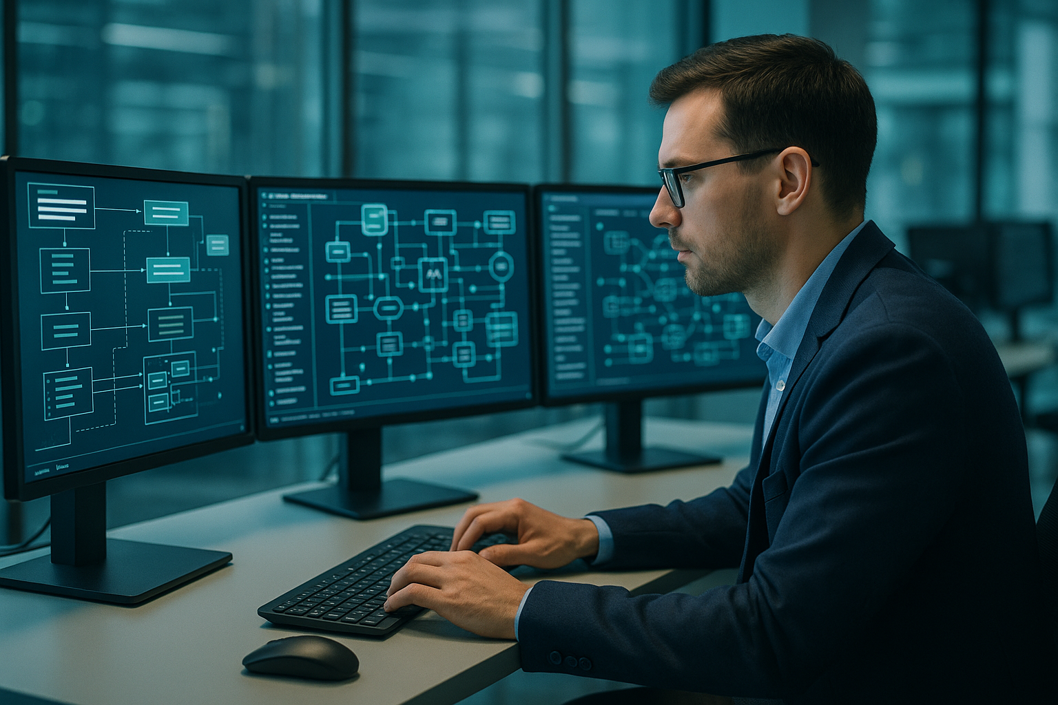 "IT professional connecting software systems, digital network diagrams, business technology integration"