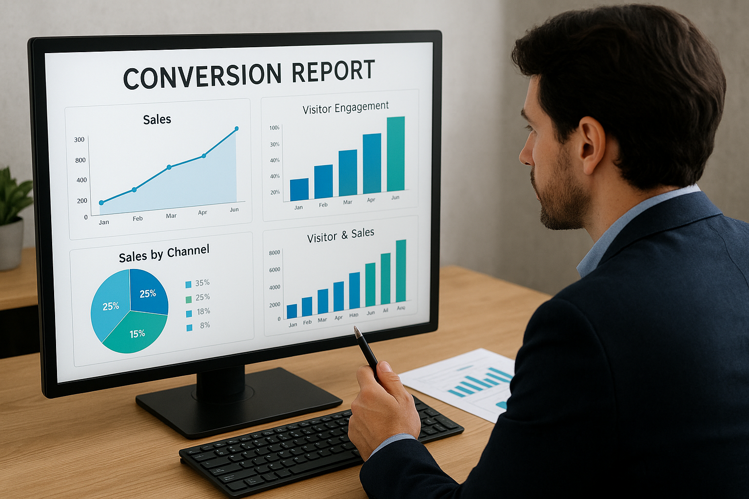 "Marketing professional analyzing conversion reports on screen, charts showing increased sales and visitor engagement"