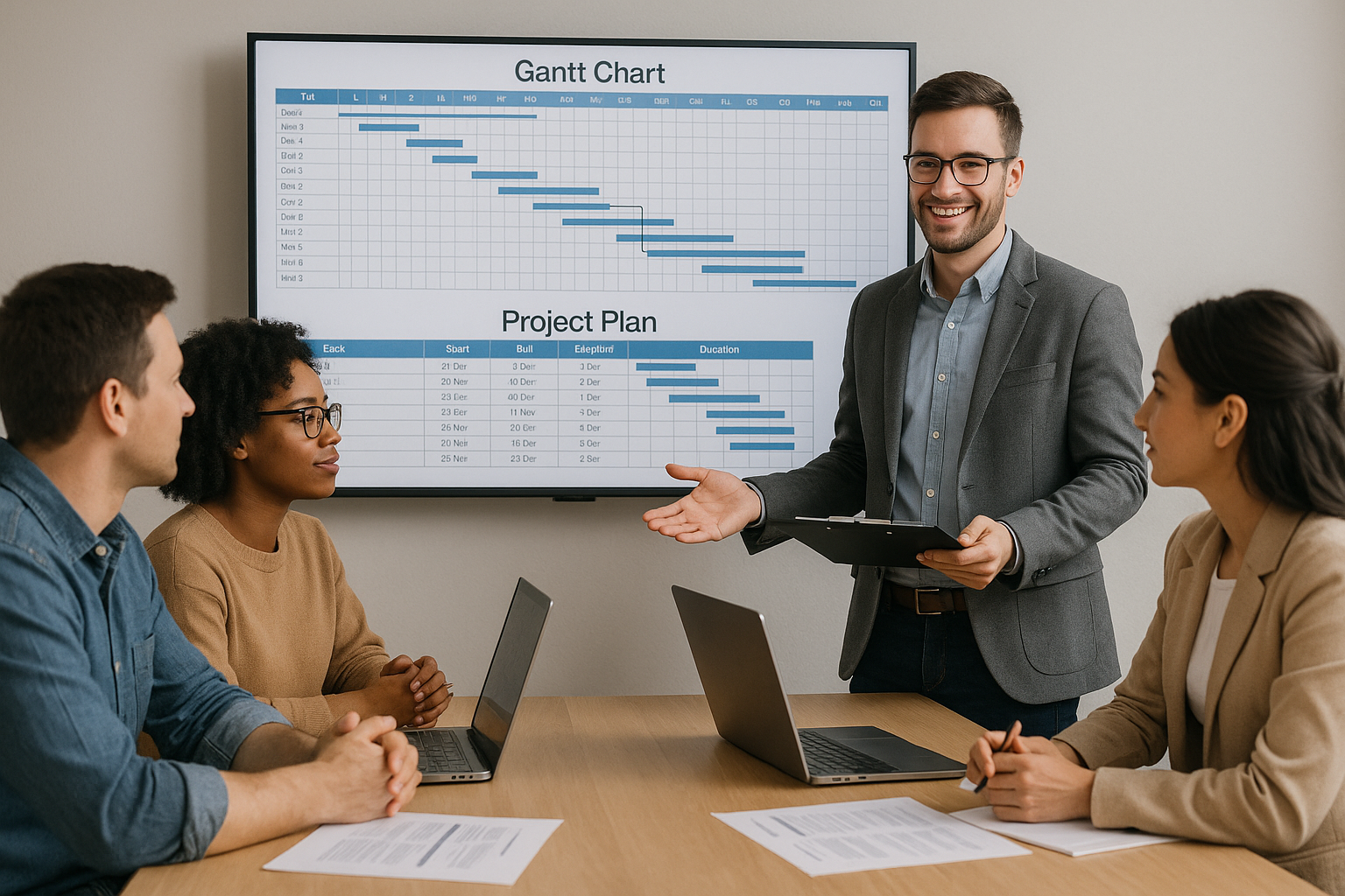"Project manager leading team meeting, Gantt charts and project plans on screen"
