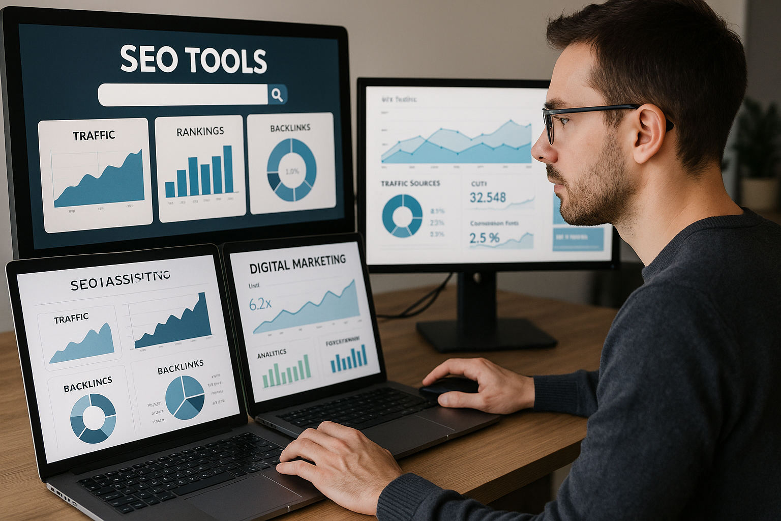 "Tech specialist configuring SEO tools dashboards on computer screens, digital marketing workspace with analytics graphs"