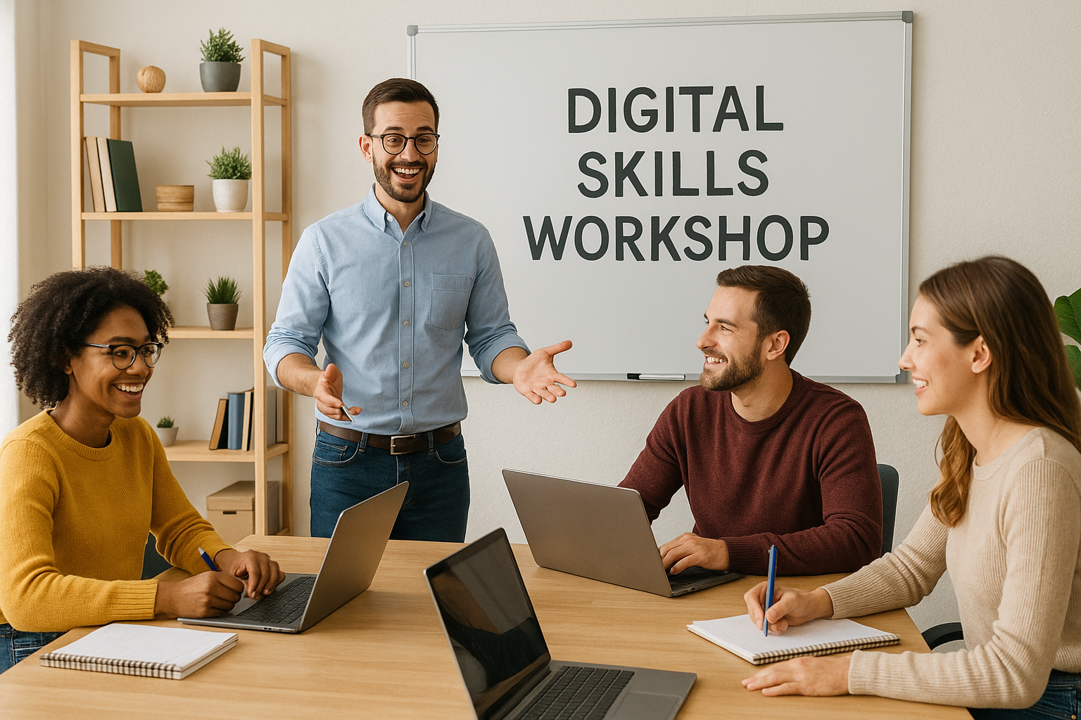 "Trainer conducting digital skills workshop, engaged participants with laptops and notebooks"