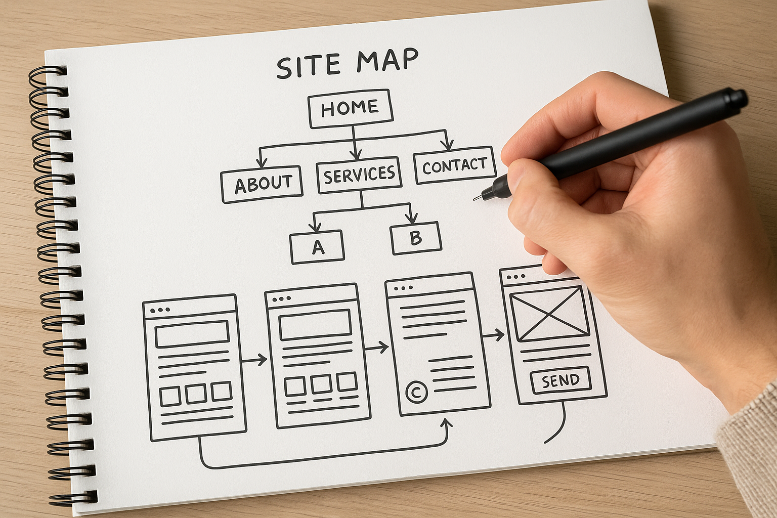 "User experience designer sketching website sitemap and flowcharts, wireframe screens with navigation paths"